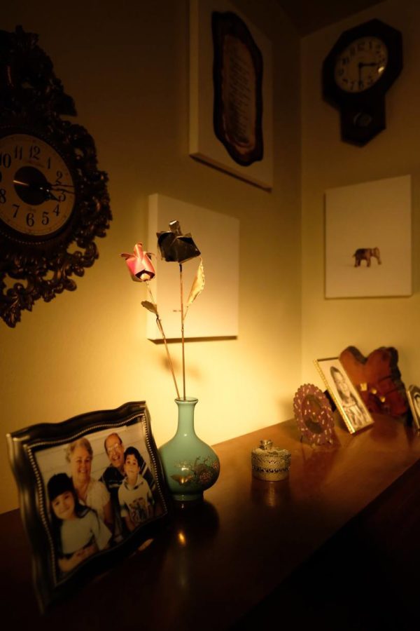 Framed photographs and flowers in a vase on top of a piano.