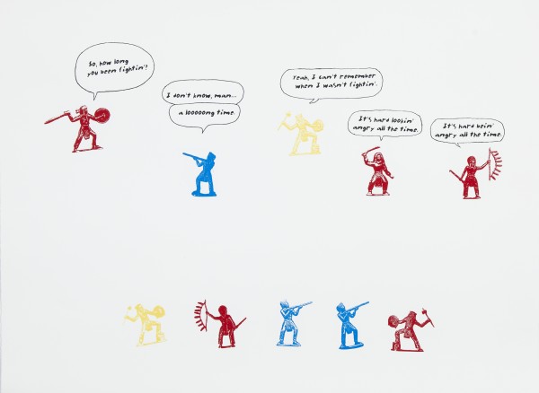 A colorful drawing of toy Native Americans and soldiers speaking with each other.