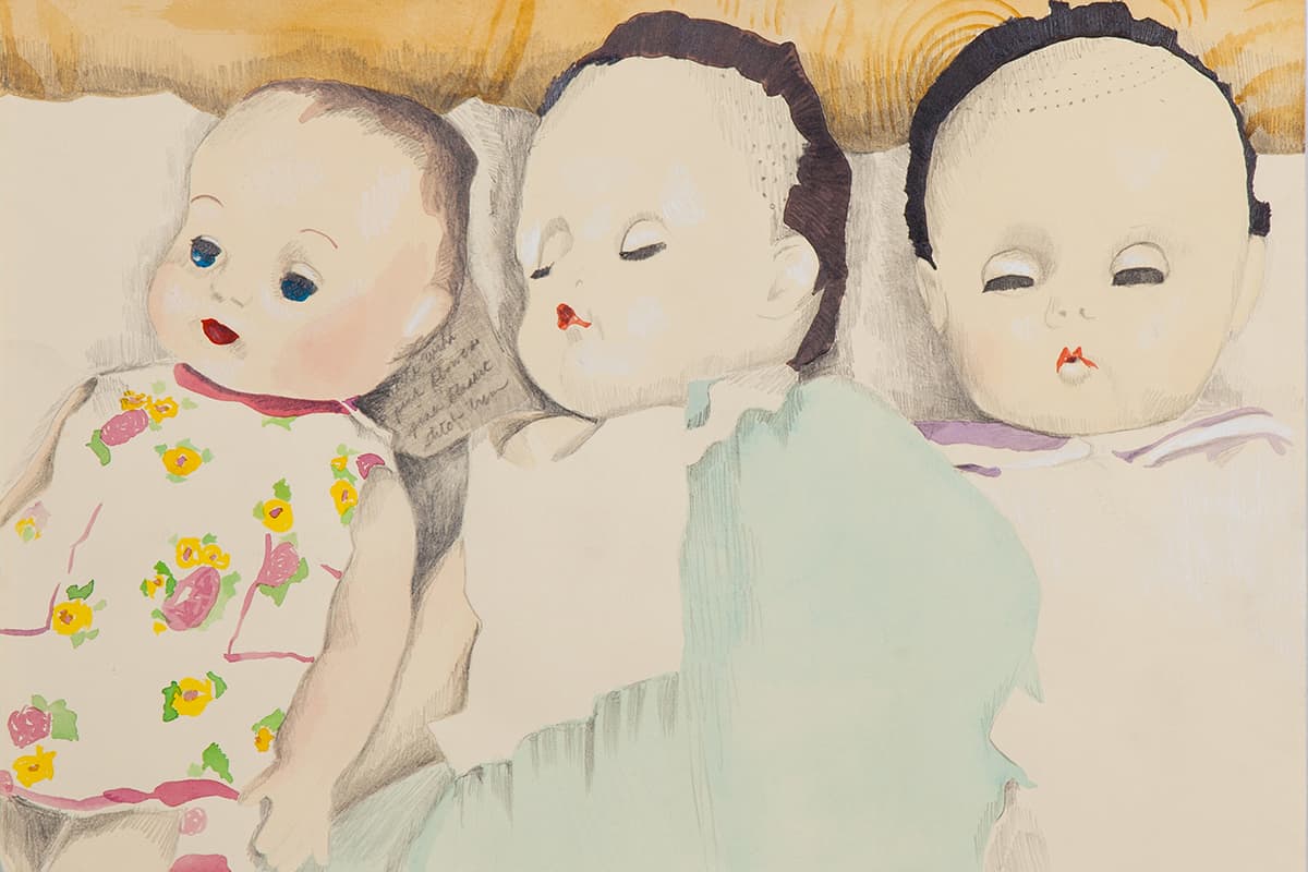 Mixed media drawing of three dolls lying down.