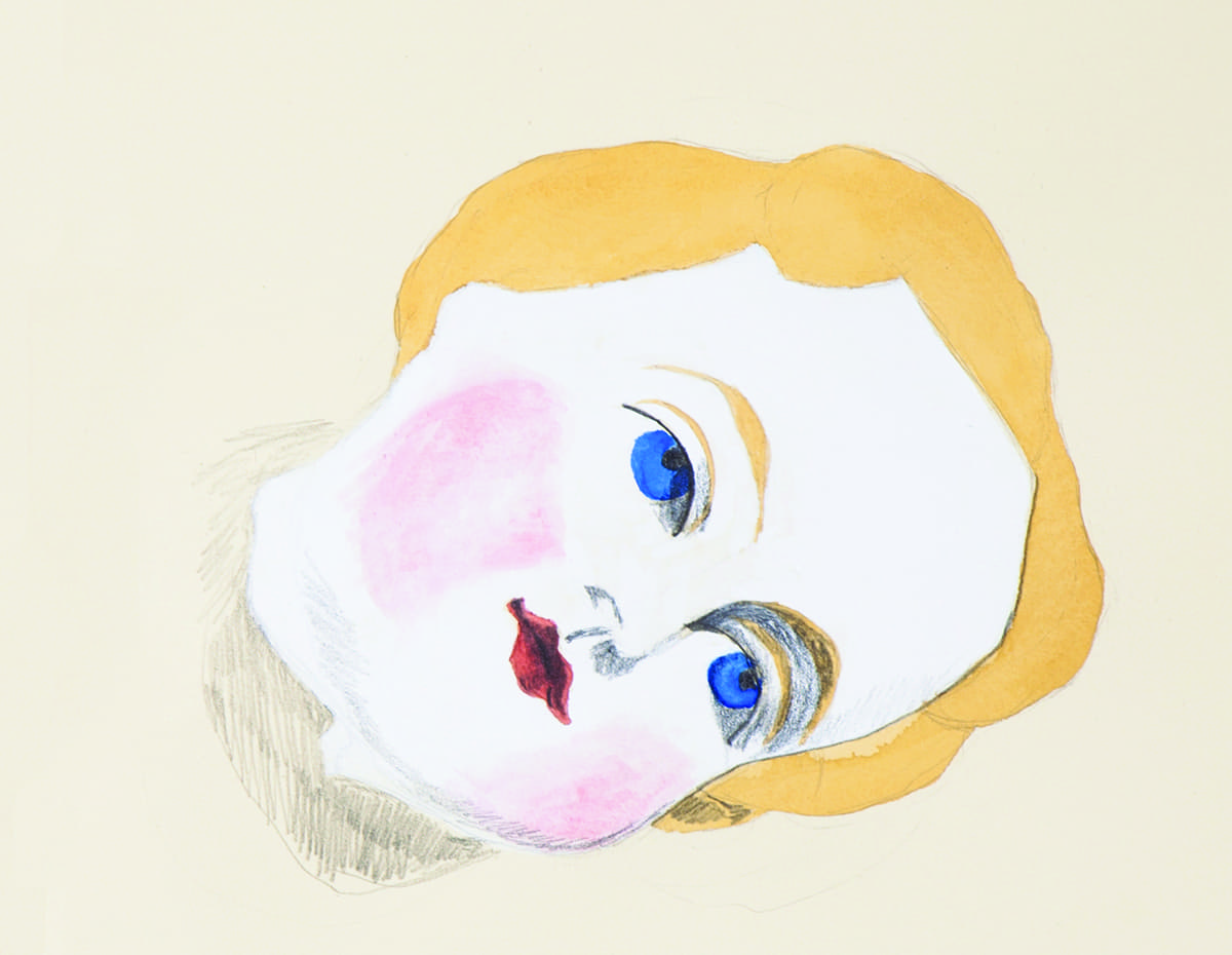 Mixed media drawing of a china doll's broken off head.