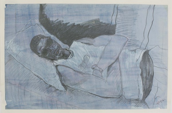 A mixed media drawing of a person sleeping.
