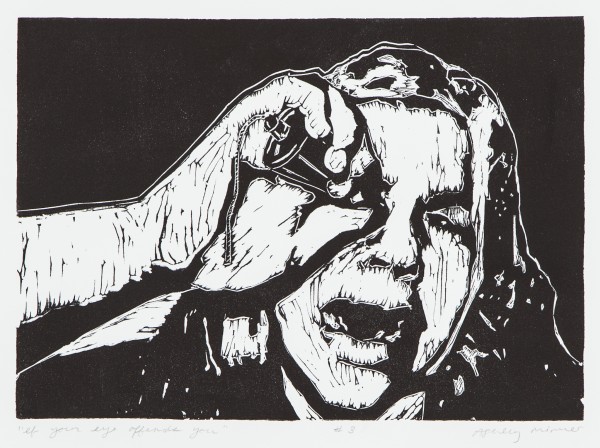 A black and white portrait in ink, with an object being held to an eye.