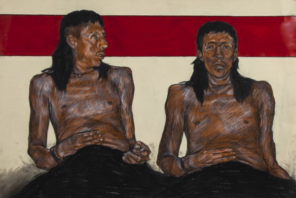 Mixed media drawing of two men.