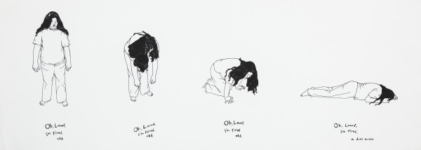 A series of drawings depicting Ashley lying on the ground with text reading, Oh Lawd, I'm tired.