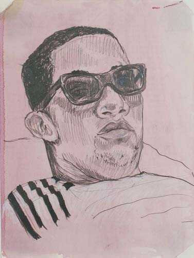 A drawing of a man in sunglasses, photographed by Andrew Synowiez.