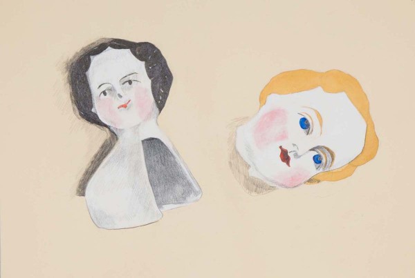 Mixed media drawing of broken china dolls.