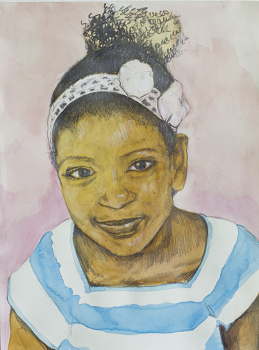 Mixed media drawing of a young girl smiling.