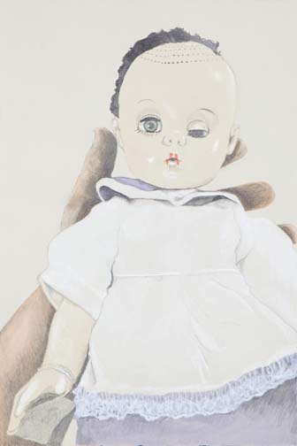 Mixed media drawing of a doll being held in someone's hand.