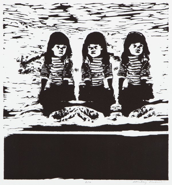 An ink print of three young female figures in striped shirts.