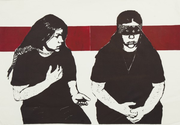 A pair of black and white portraits in ink.