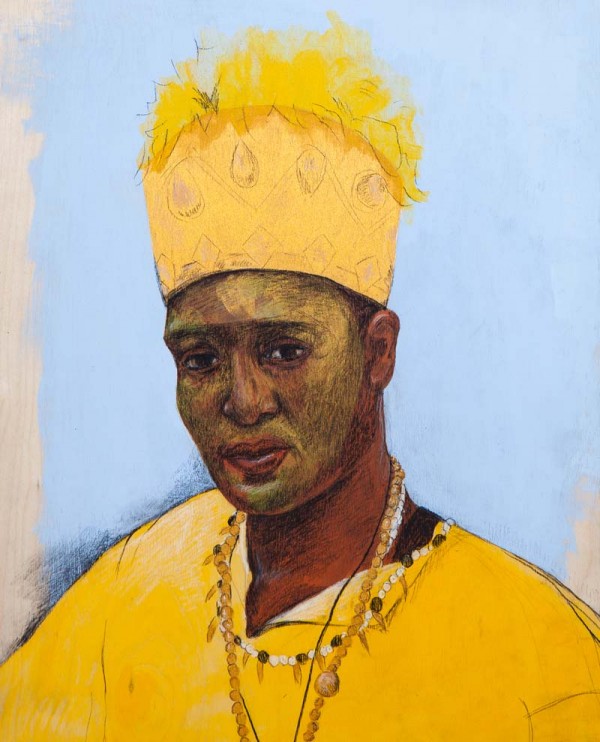 Mixed media drawing of a person in bright yellow garments.