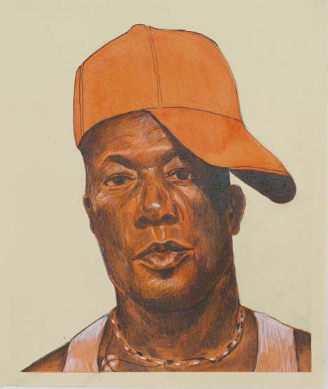 Drawing of a person in a sideways baseball cap, photographed by Andrew Synowiez.