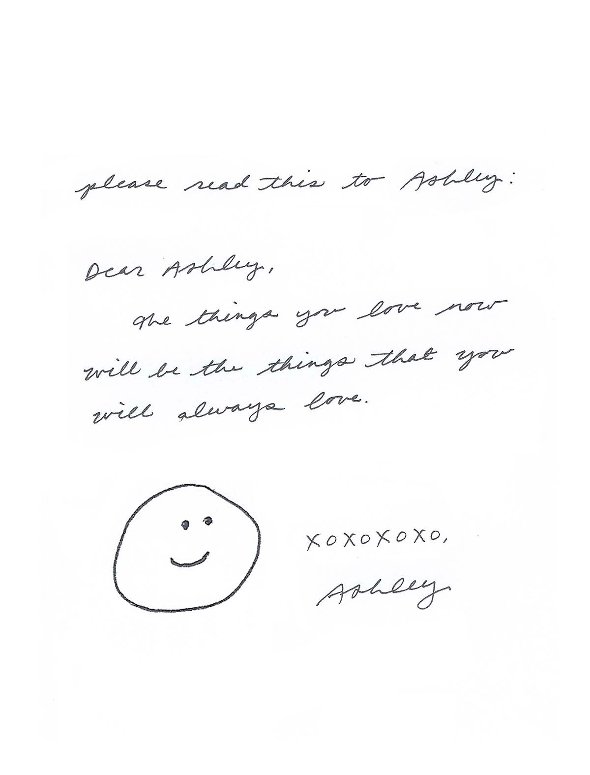 A handwritten letter to Ashley's younger self.