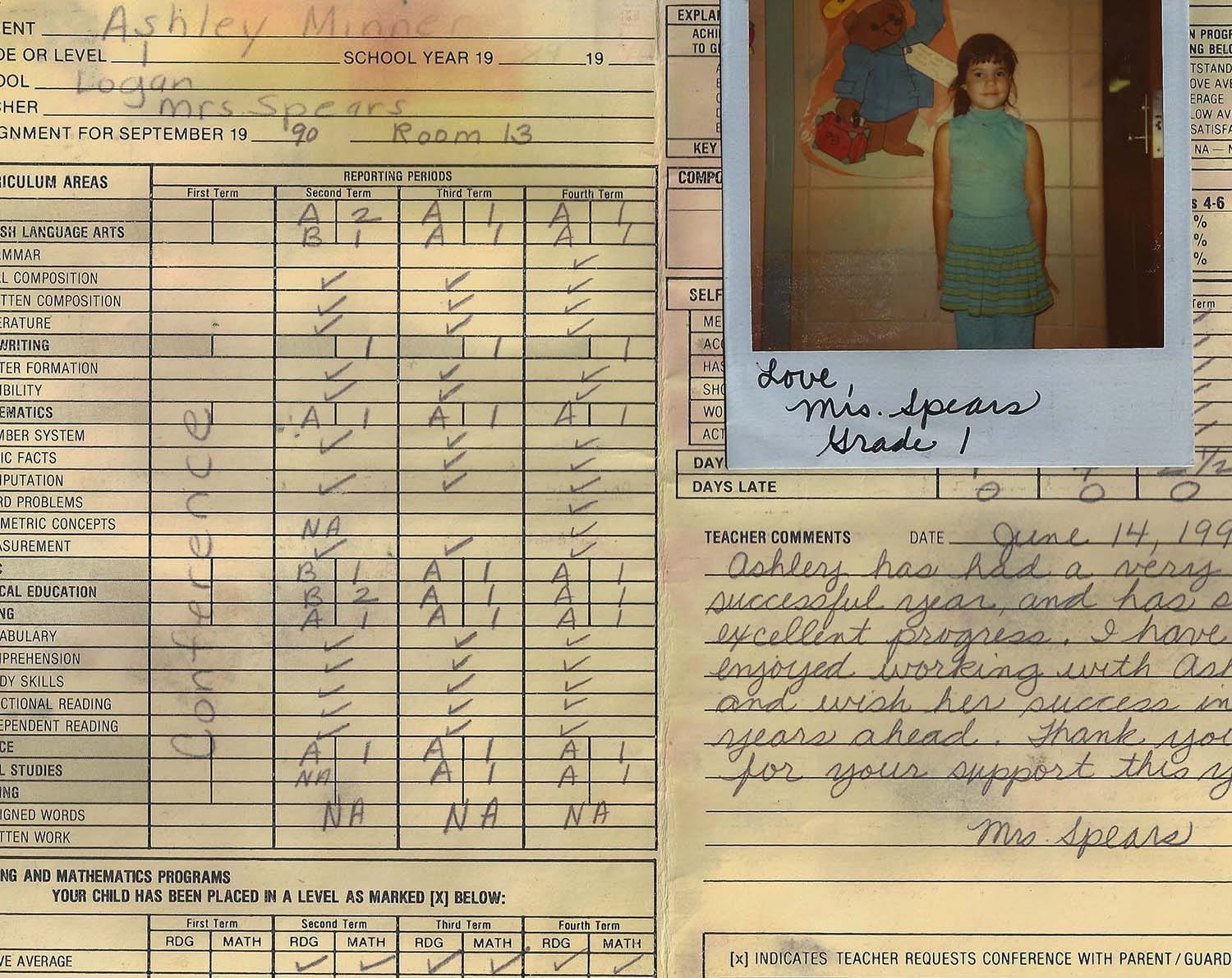 Ashley Minner's Grade One report card.