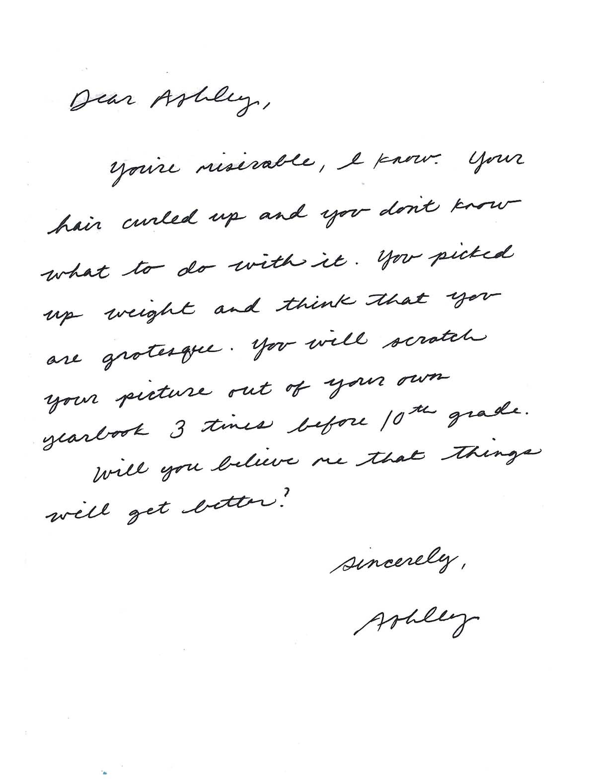 A handwritten letter to Ashley's younger self.
