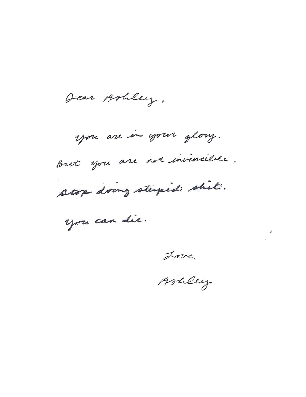 A handwritten letter to Ashley's younger self.