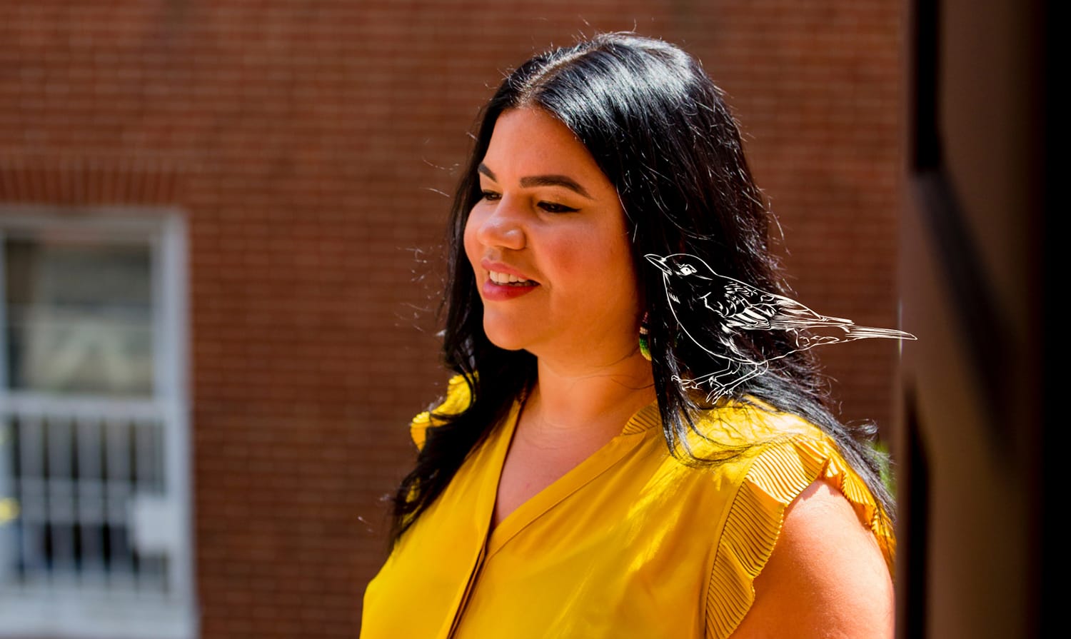 Ashley Minner smiling, with an illustration of a bird overlaid on her shoulder.