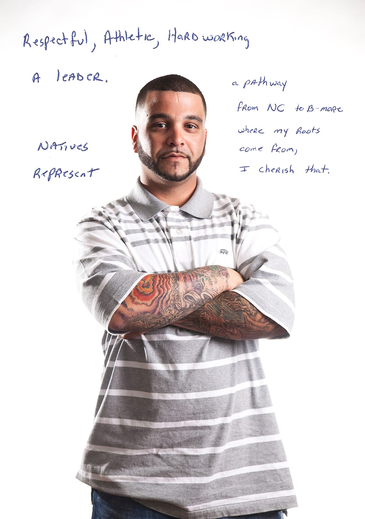 Photo of Dino. Text reads, Respectful, athlete, hardworking, a leader.