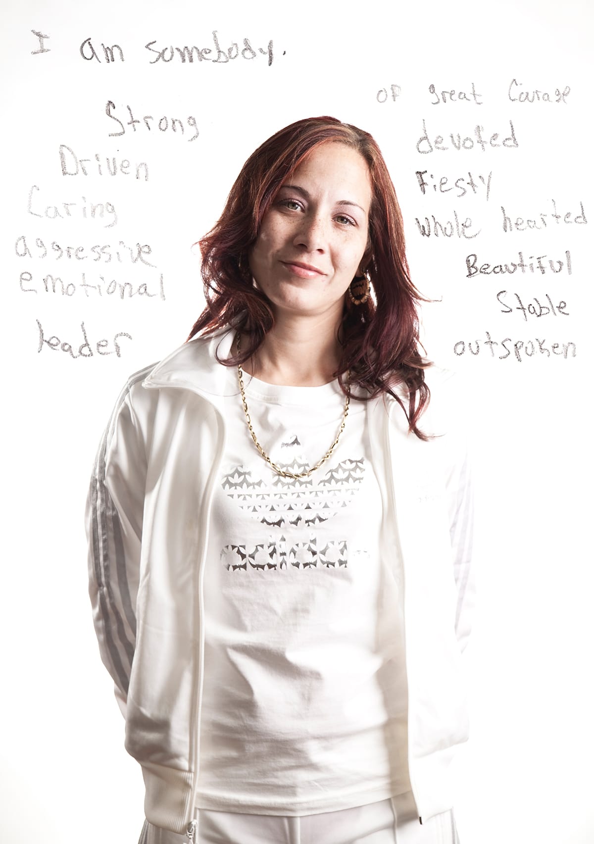 Photo of Sherry. Text reads, I am somebody strong, driven, caring, aggressive, emotional, leader.