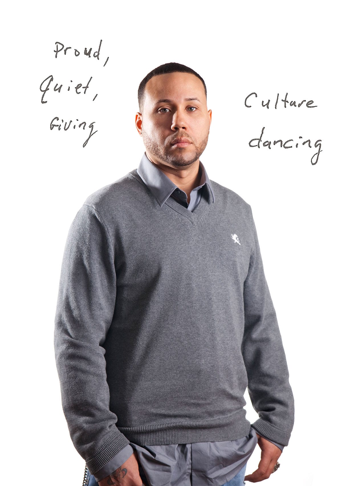 Photo of Louis. Text reads, Proud, quiet, giving.